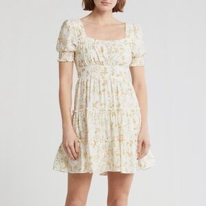 Nordstrom Blu Pepper Puff Sleeve Mini Dress- Ivory Multi w/ Gold Floral - size M